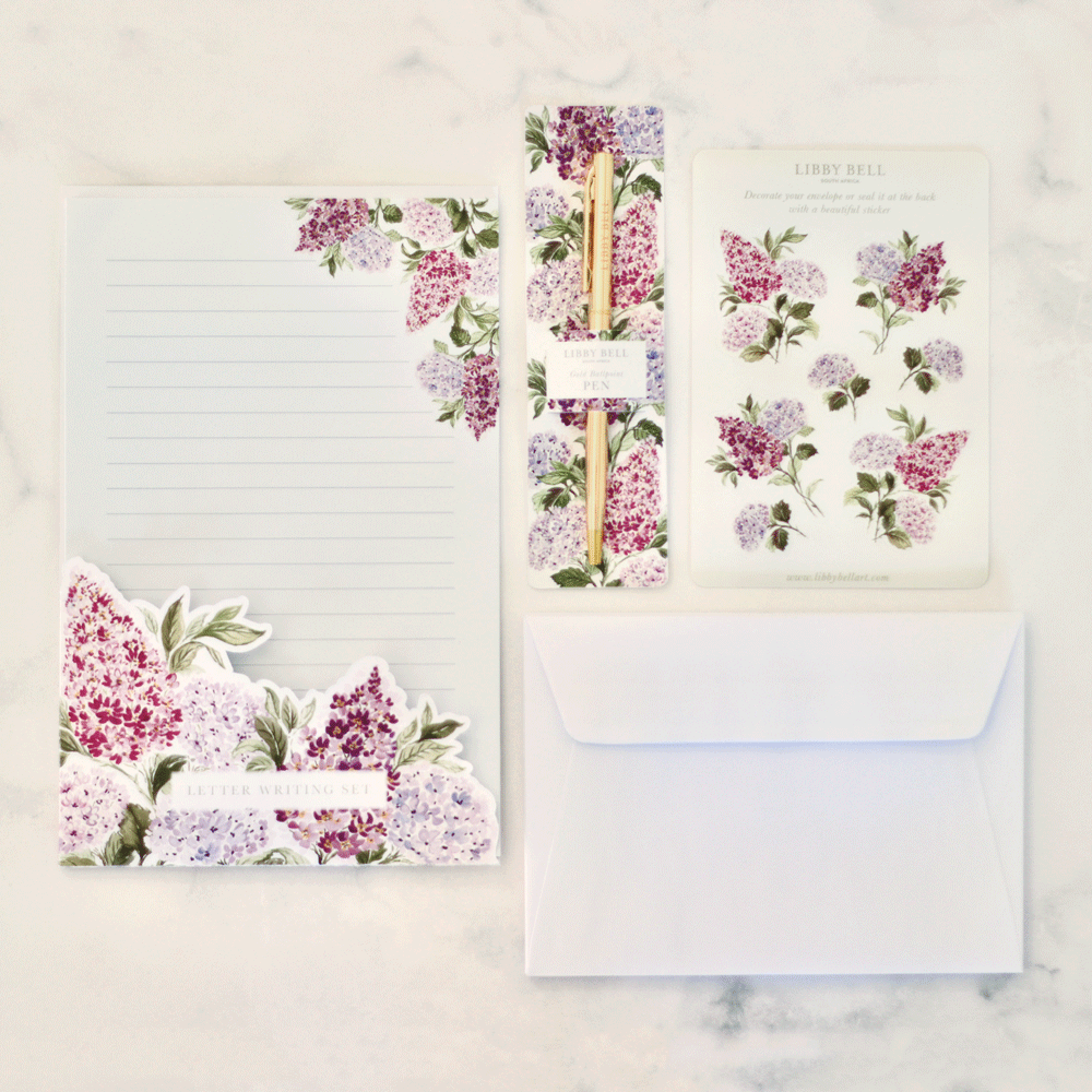 Letter Writing Set with Gold Pen: Lilacs & Hydrangeas