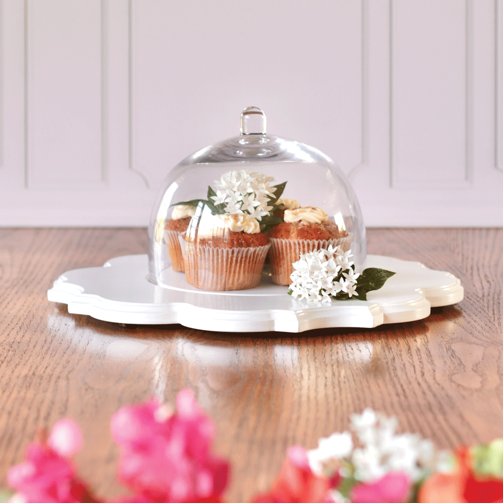 Ornate White Cake Stand with Glass Dome