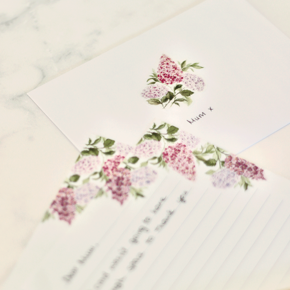 Letter Writing Set with Gold Pen: Lilacs & Hydrangeas