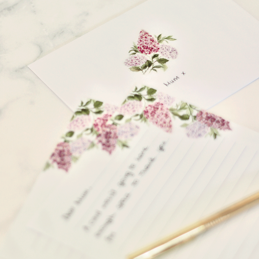 Letter Writing Set with Gold Pen: Lilacs & Hydrangeas