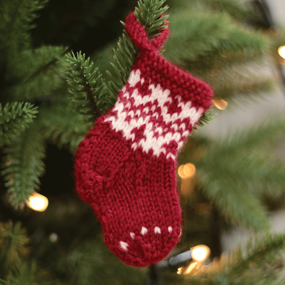 Mini Knitted Stocking Ornament (Red with White stitching)