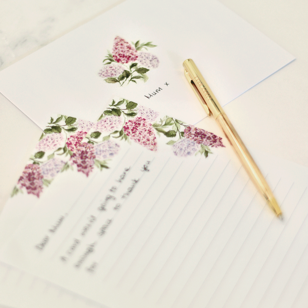 Letter Writing Set with Gold Pen: Lilacs & Hydrangeas