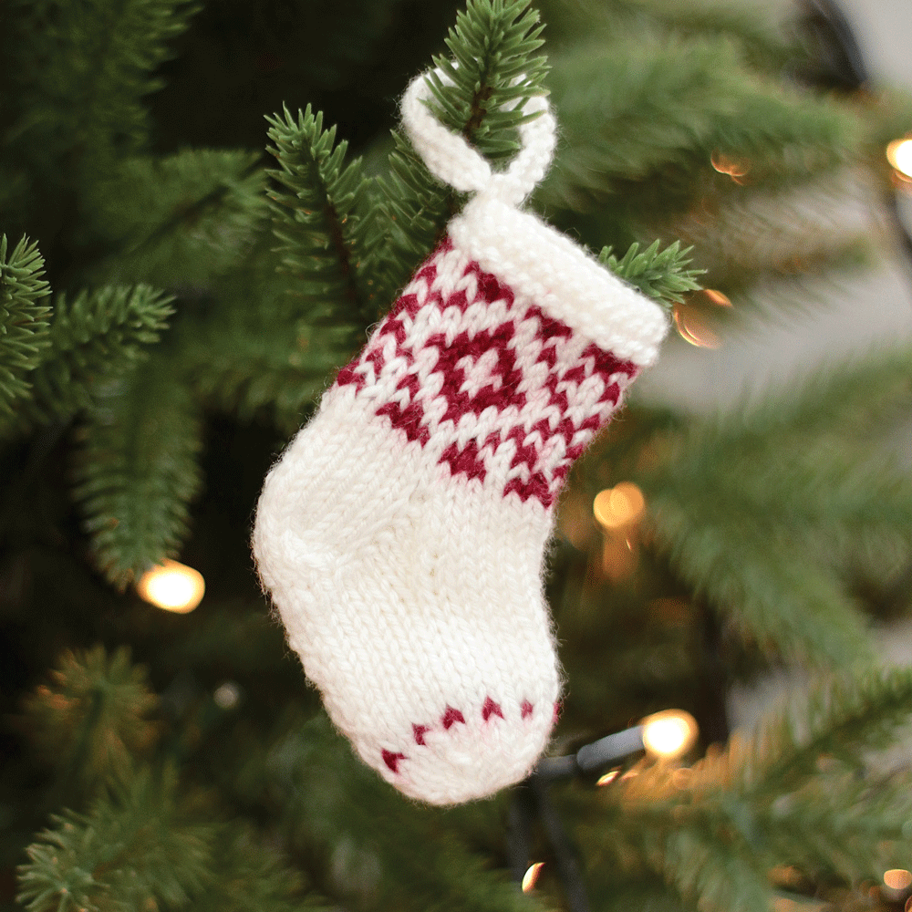 Mini Knitted Stocking Ornament (White with Red stitching)