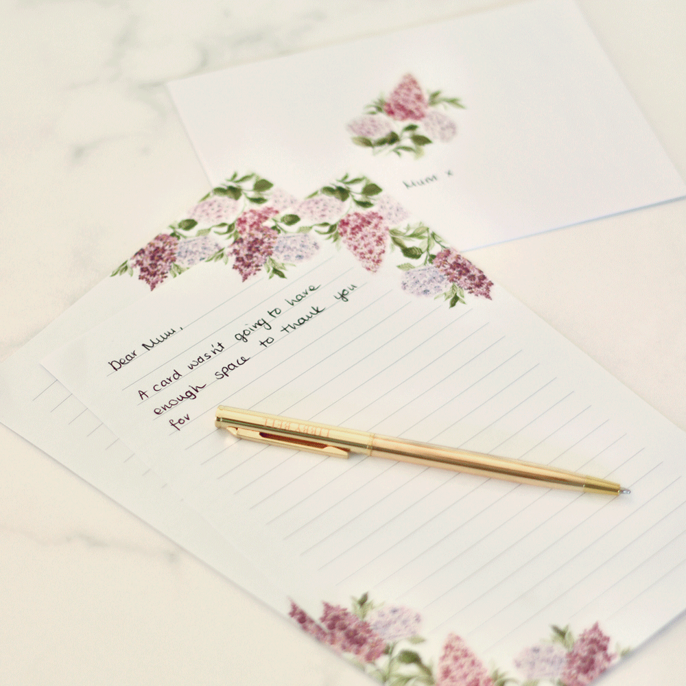 Letter Writing Set with Gold Pen: Lilacs & Hydrangeas