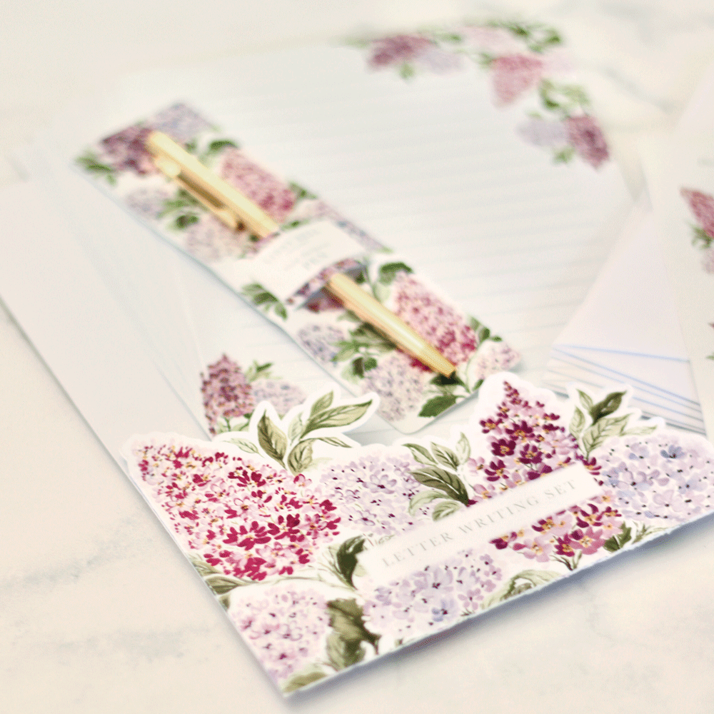 Letter Writing Set with Gold Pen: Lilacs & Hydrangeas