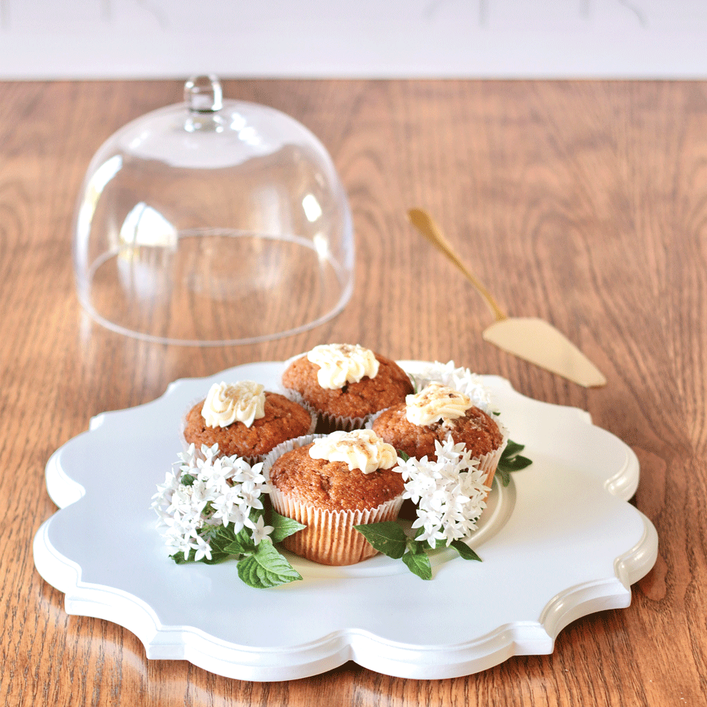 Ornate White Cake Stand with Glass Dome