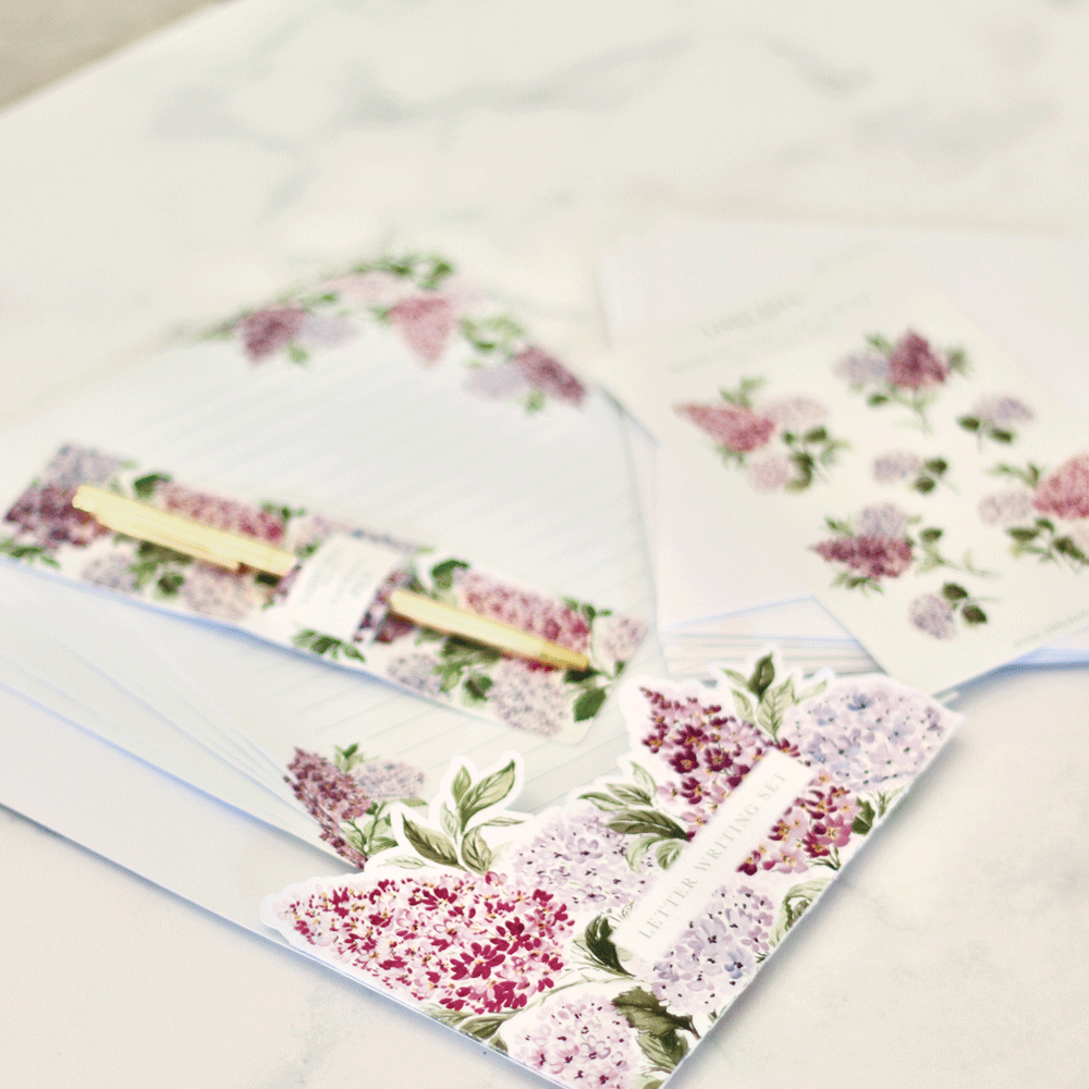 Letter Writing Set with Gold Pen: Lilacs & Hydrangeas
