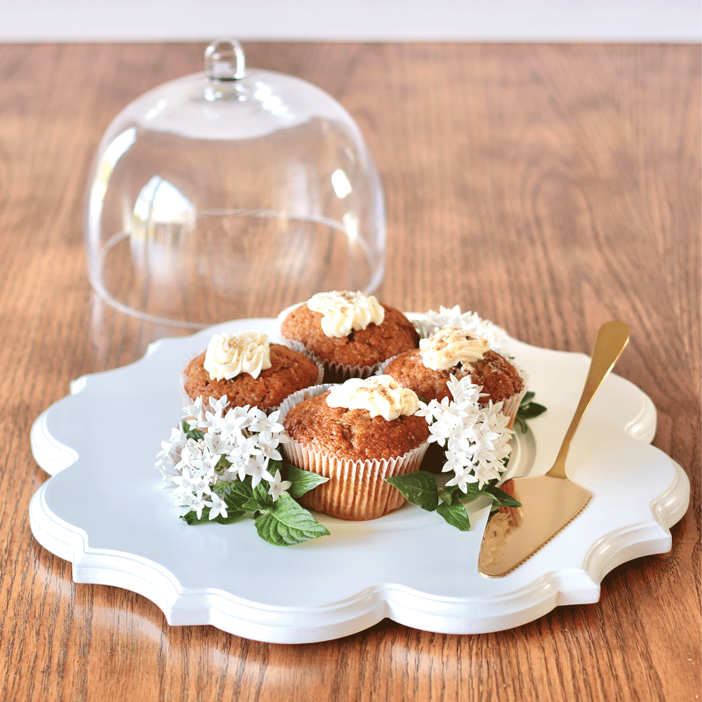 Ornate White Cake Stand with Glass Dome