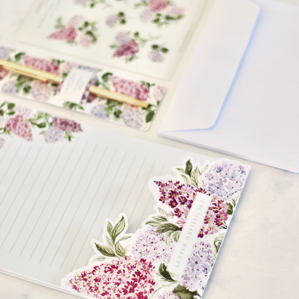 Letter Writing Set with Gold Pen: Lilacs & Hydrangeas