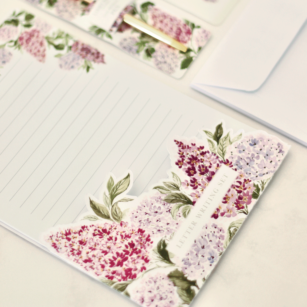 Letter Writing Set with Gold Pen: Lilacs & Hydrangeas