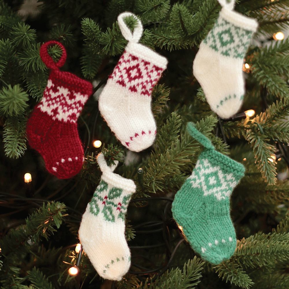 Mini Knitted Stocking Ornament (White with Holly & Ivy)