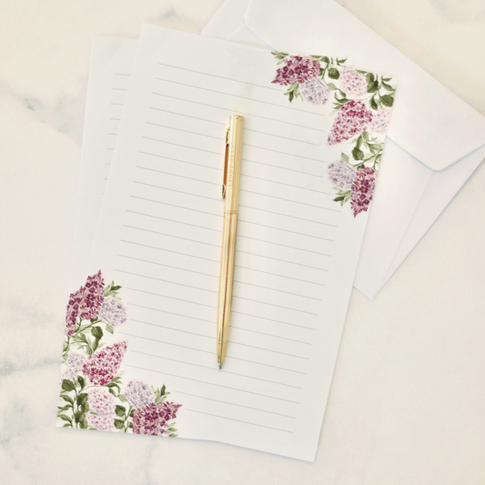 Letter Writing Set with Gold Pen: Lilacs & Hydrangeas