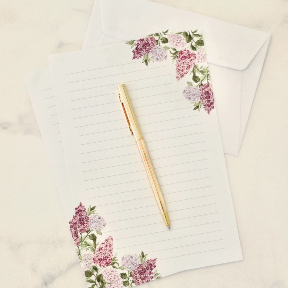 Letter Writing Set with Gold Pen: Lilacs & Hydrangeas