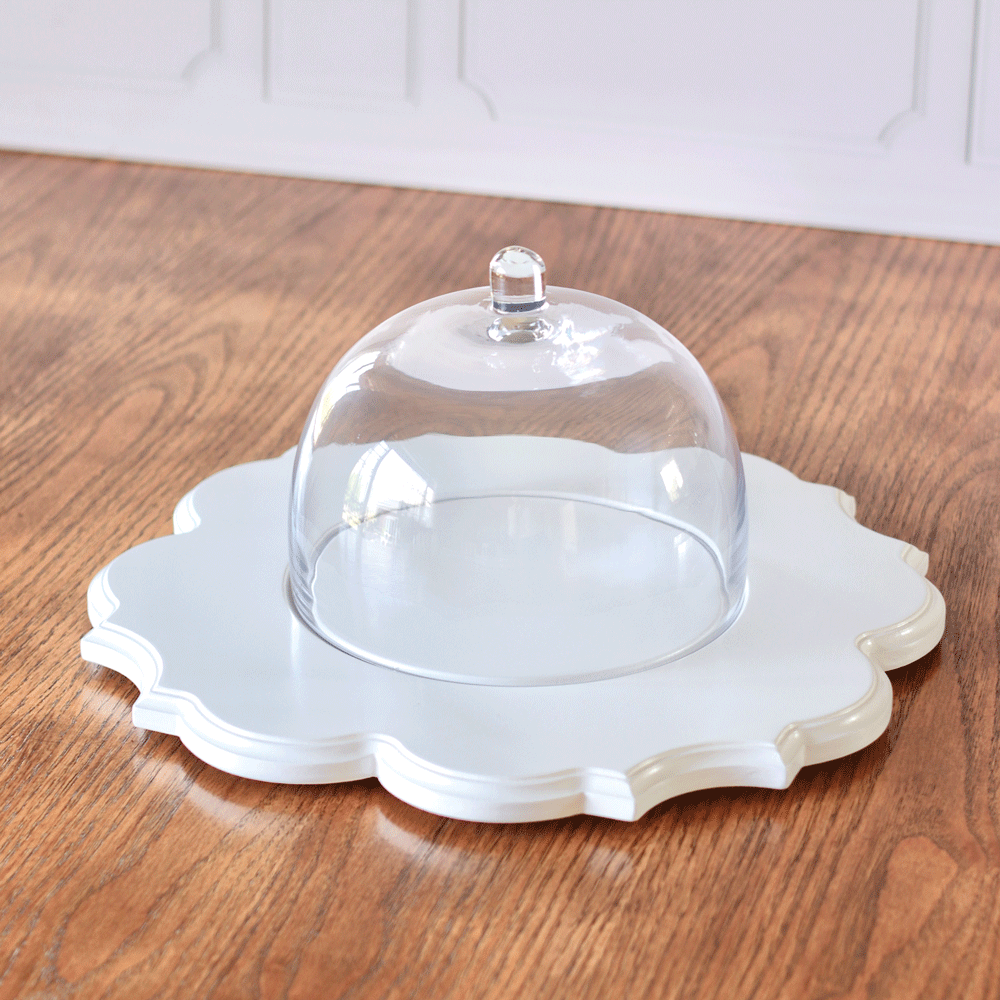 Ornate White Cake Stand with Glass Dome