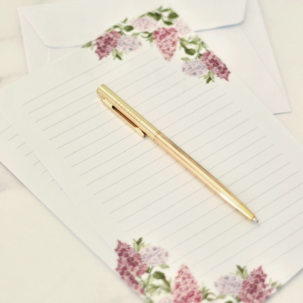 Letter Writing Set with Gold Pen: Lilacs & Hydrangeas