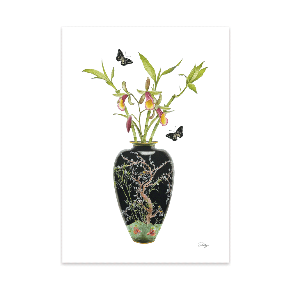 Japanese Black Vase with Slipper Orchids and Butterflies