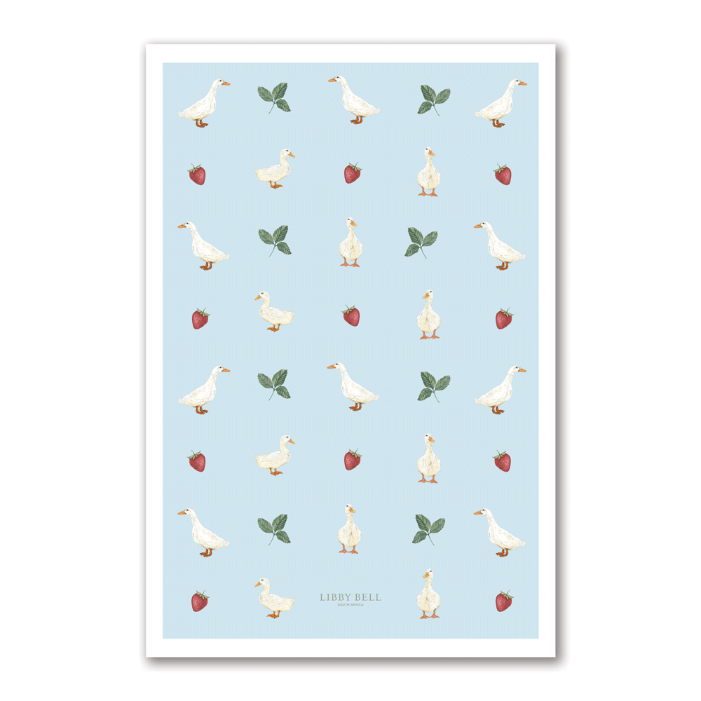 Ducks & Strawberries 100% Cotton Tea Towel
