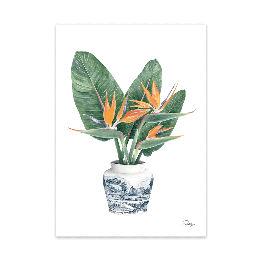 Strelitzias in Delft Vase