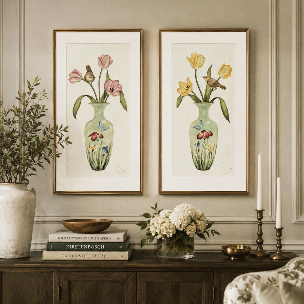 Cloudy Green Japanese Vase with Yellow Tulips and a Common Reed Warbler