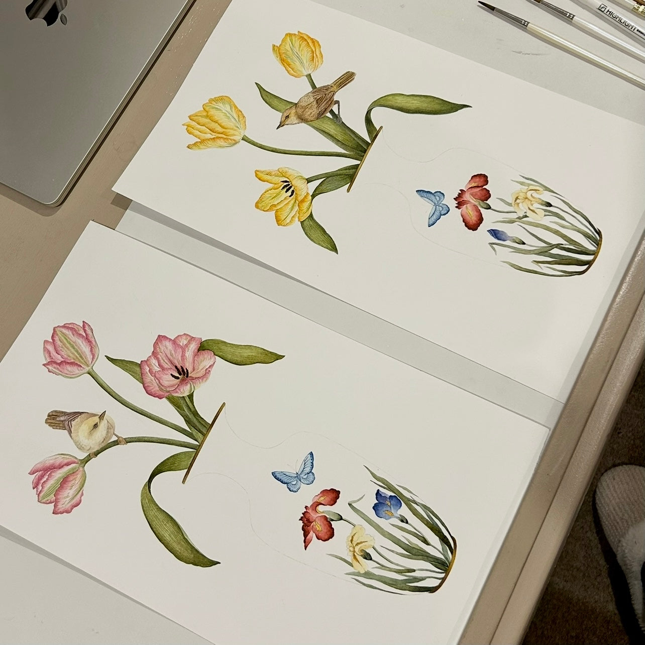 *Pre-purchase* Japanese Iris Vases with Tulips and a Pair of Common Reed Warblers - Two Unframed Original Paintings