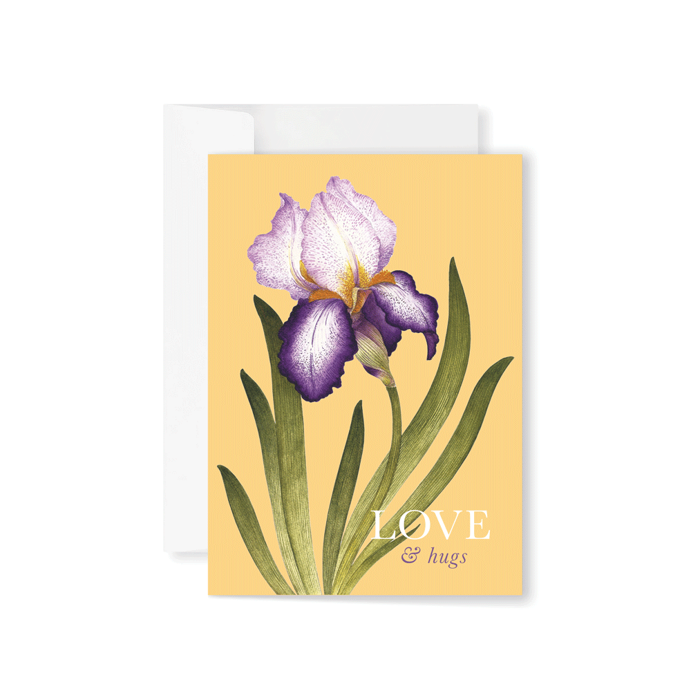 Purple Iris on yellow 'Love & Hugs' Greeting card