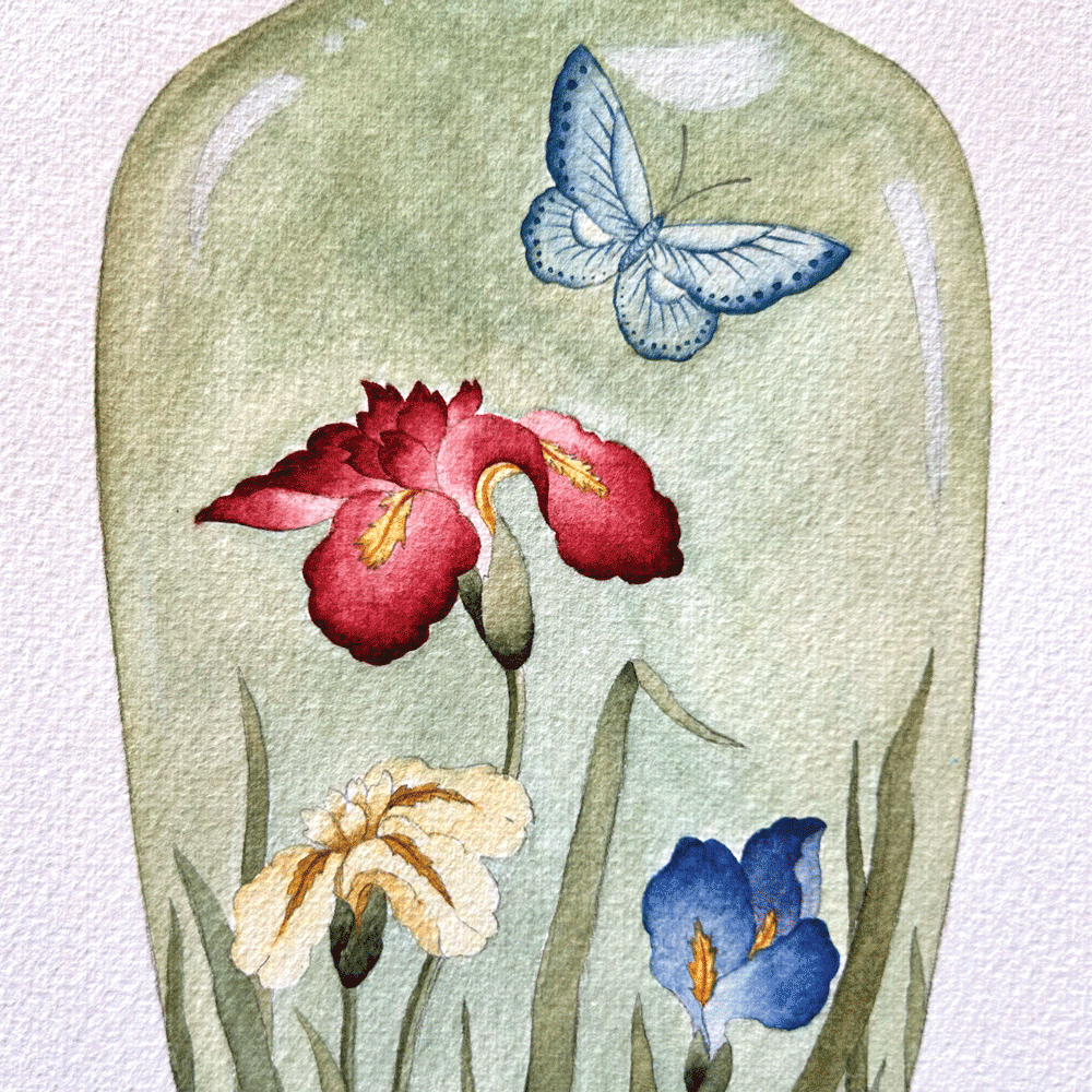 Cloudy Green Japanese glass vases with enamelled irises and butterflies - with tulips and Common Reed Warblers - Two Unframed Original Paintings