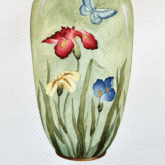 Cloudy Green Japanese glass vases with enamelled irises and butterflies - with tulips and Common Reed Warblers - Two Unframed Original Paintings