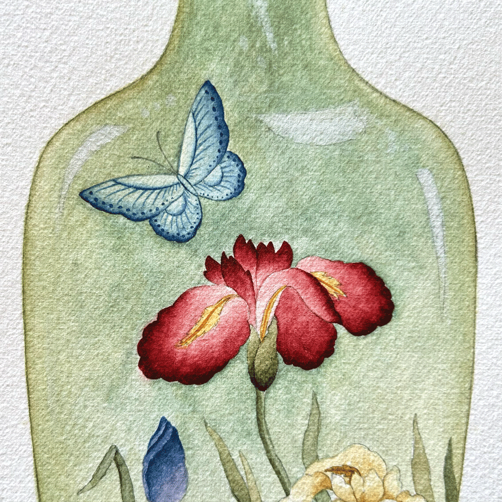 Cloudy Green Japanese glass vases with enamelled irises and butterflies - with tulips and Common Reed Warblers - Two Unframed Original Paintings