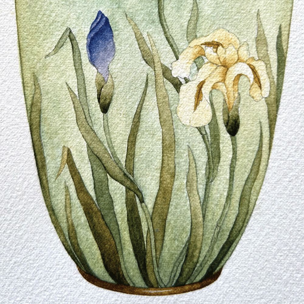 Cloudy Green Japanese glass vases with enamelled irises and butterflies - with tulips and Common Reed Warblers - Two Unframed Original Paintings
