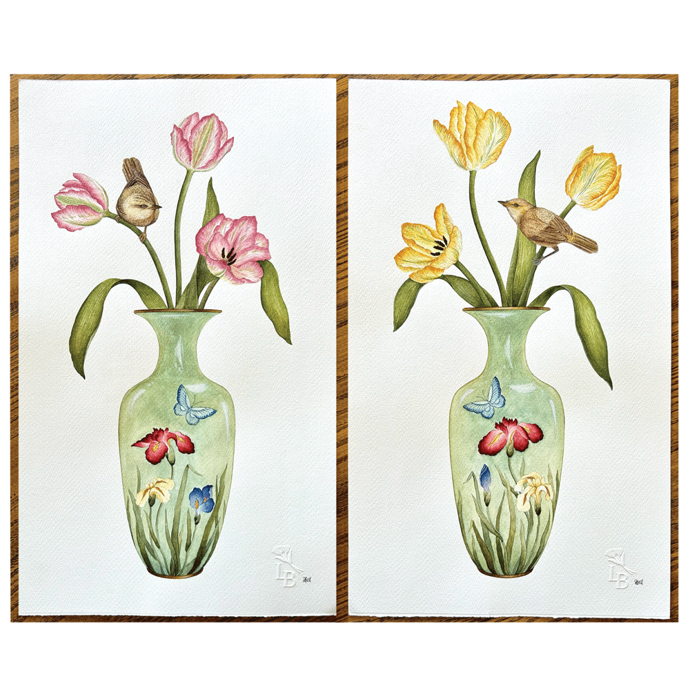 Cloudy Green Japanese glass vases with enamelled irises and butterflies - with tulips and Common Reed Warblers - Two Unframed Original Paintings