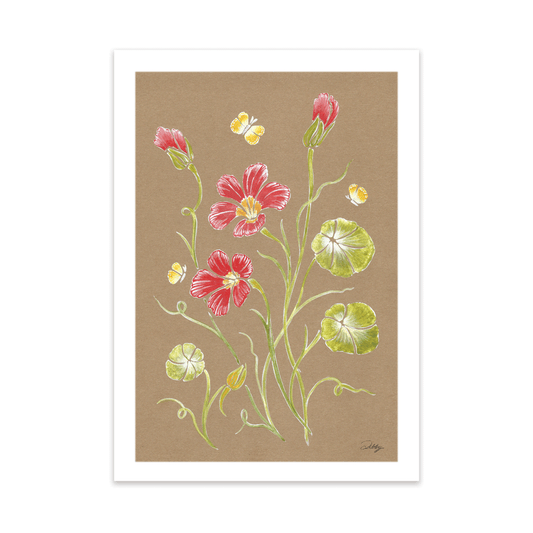 Nasturtiums on brown Print