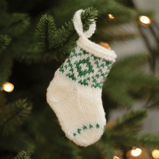 Mini Knitted Stocking Ornament (White with Green stitching)
