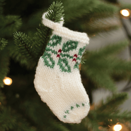 Mini Knitted Stocking Ornament (White with Holly & Ivy)