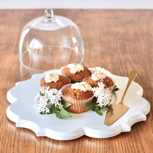 Ornate White Cake Stand with Glass Dome