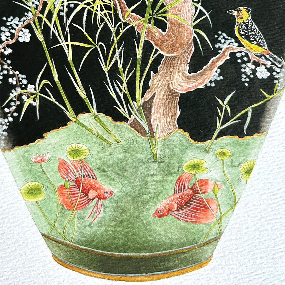 Black Japanese Vase with Orchids and Crested Barbets - Unframed Original Painting