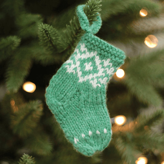 Mini Knitted Stocking Ornament (Green with White stitching)