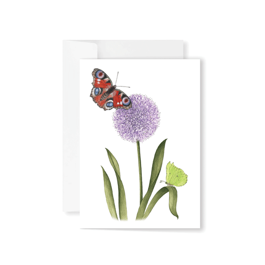 Allium ‘Early Emperor’, Peacock and Common Brimstone Greeting Card