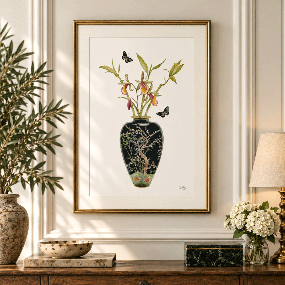 Japanese Black Vase with Slipper Orchids and Butterflies