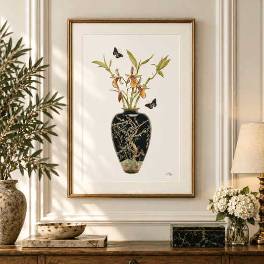 Japanese Black Vase with Slipper Orchids and Butterflies