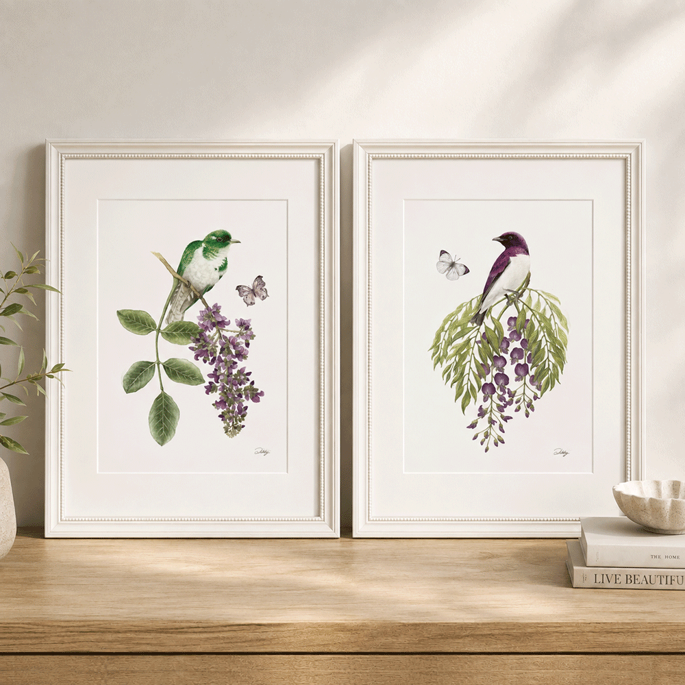 Tree Wisteria with Violet-Backed Starling and Bushveld Purple-tip butterfly Print