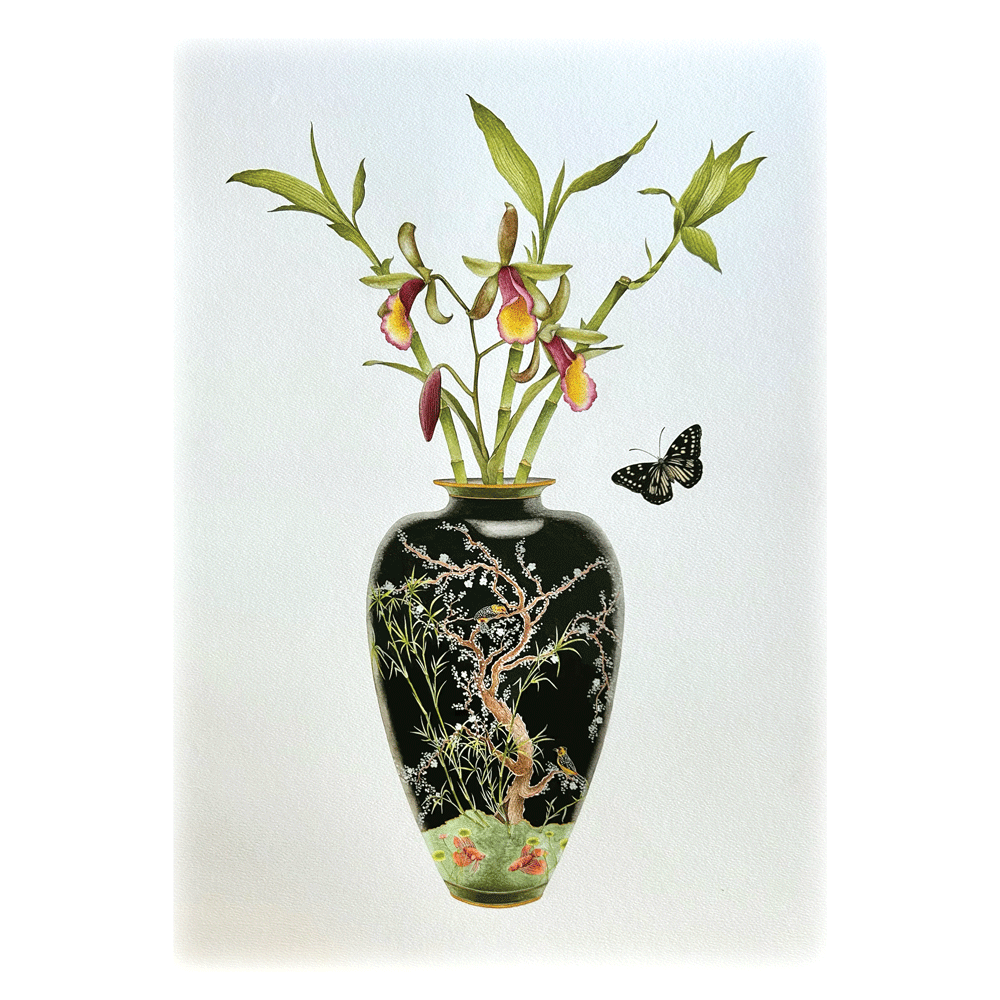 Black Japanese Vase with Orchids and Crested Barbets - Unframed Original Painting
