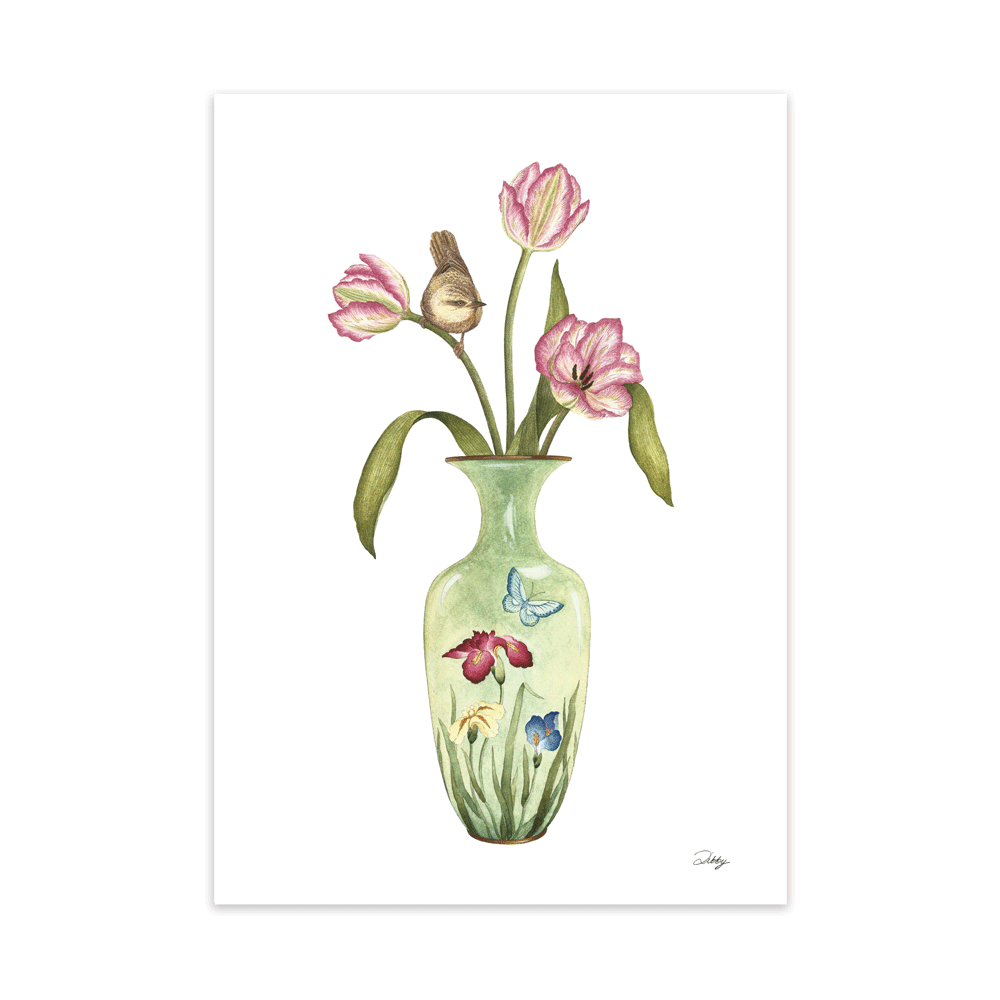 Cloudy Green Japanese Vase with Pink Tulips and a Common Reed Warbler