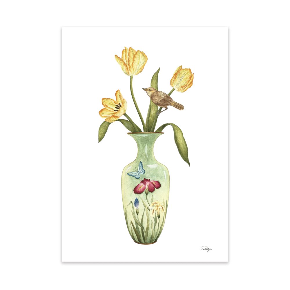 Cloudy Green Japanese Vase with Yellow Tulips and a Common Reed Warbler
