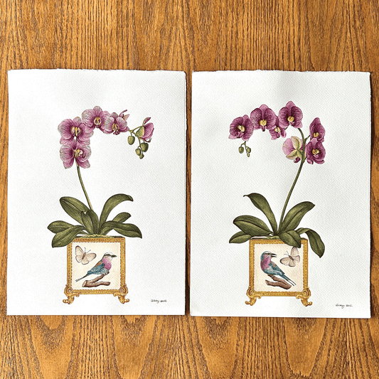 Pair of Orchid Vases with Lilac Breasted Rollers and Butterflies - Unframed Original Painting