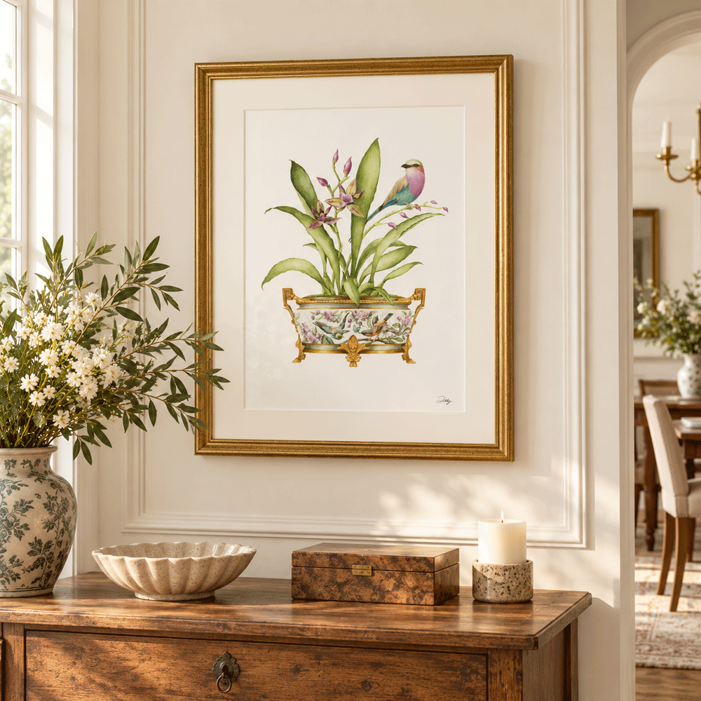 Orchids with Lilac-Breasted Roller in Planter