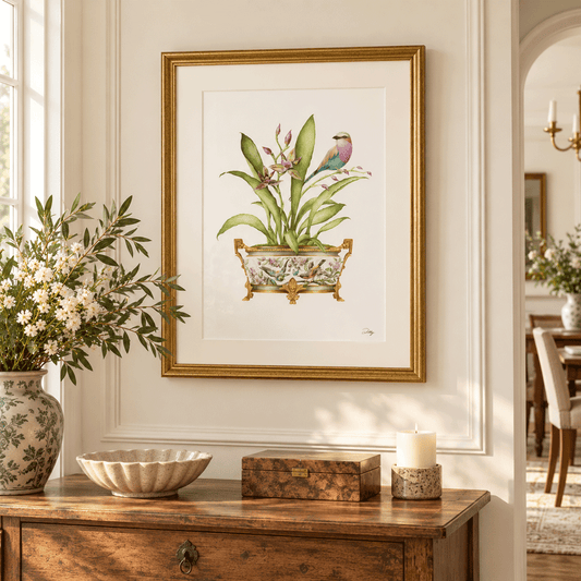 Orchids with Lilac-Breasted Roller in Planter