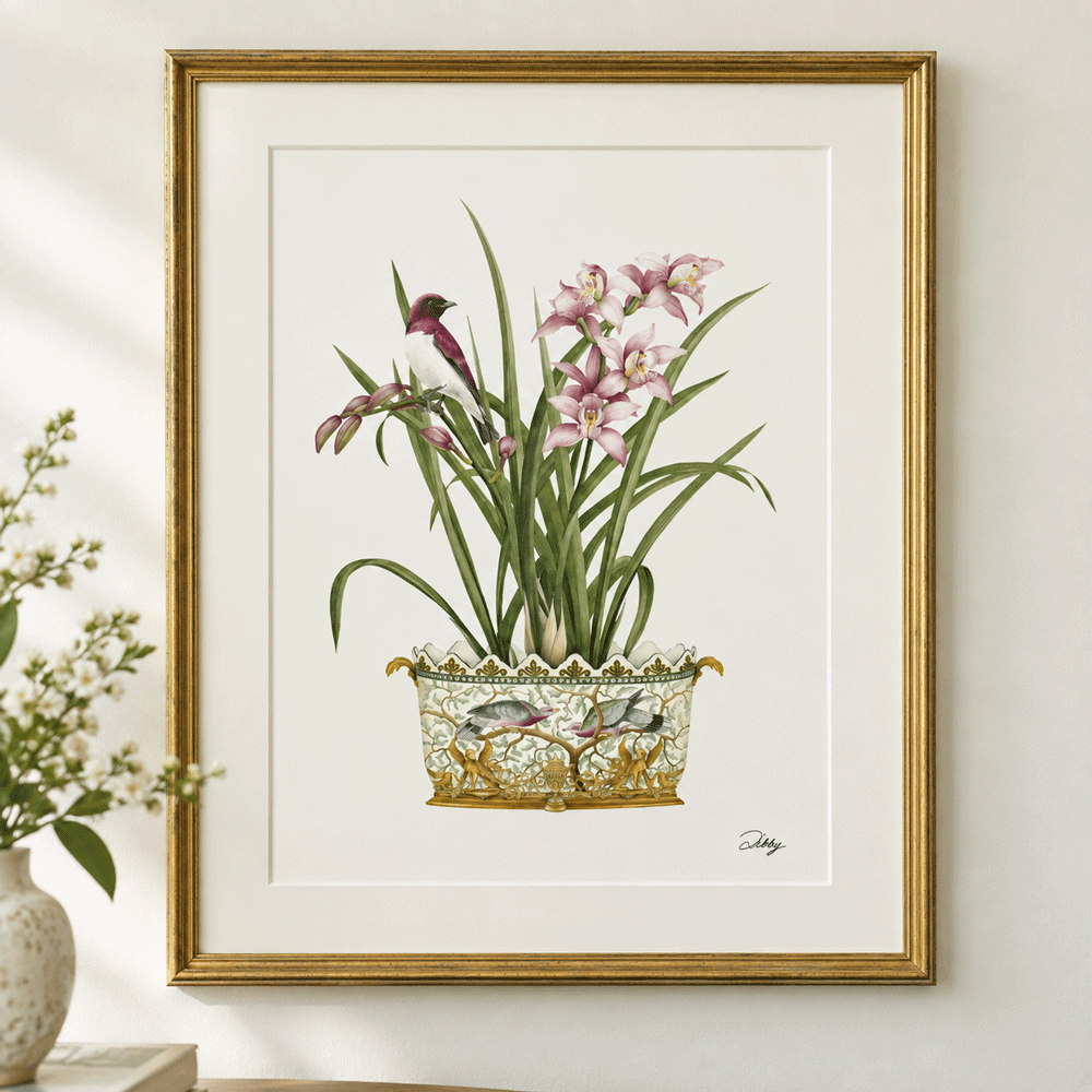 Orchids with Starling in Planter