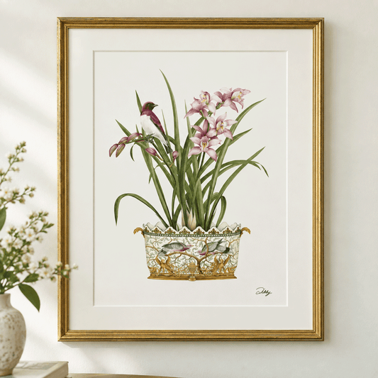 Orchids with Starling in Planter