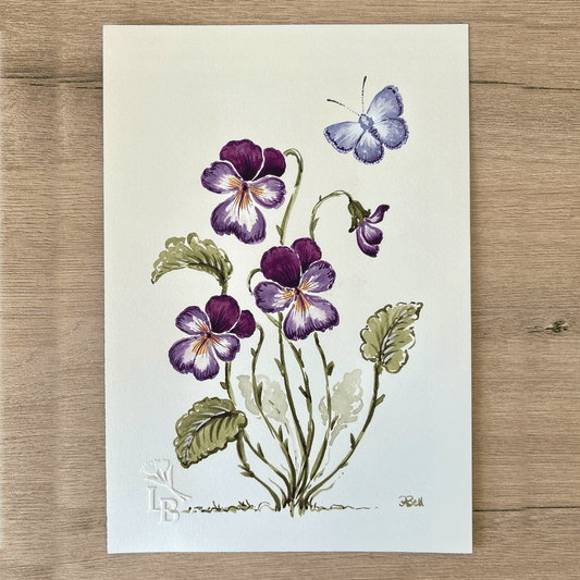 Purple Violets with a Common Blue butterfly - Unframed Original Painting