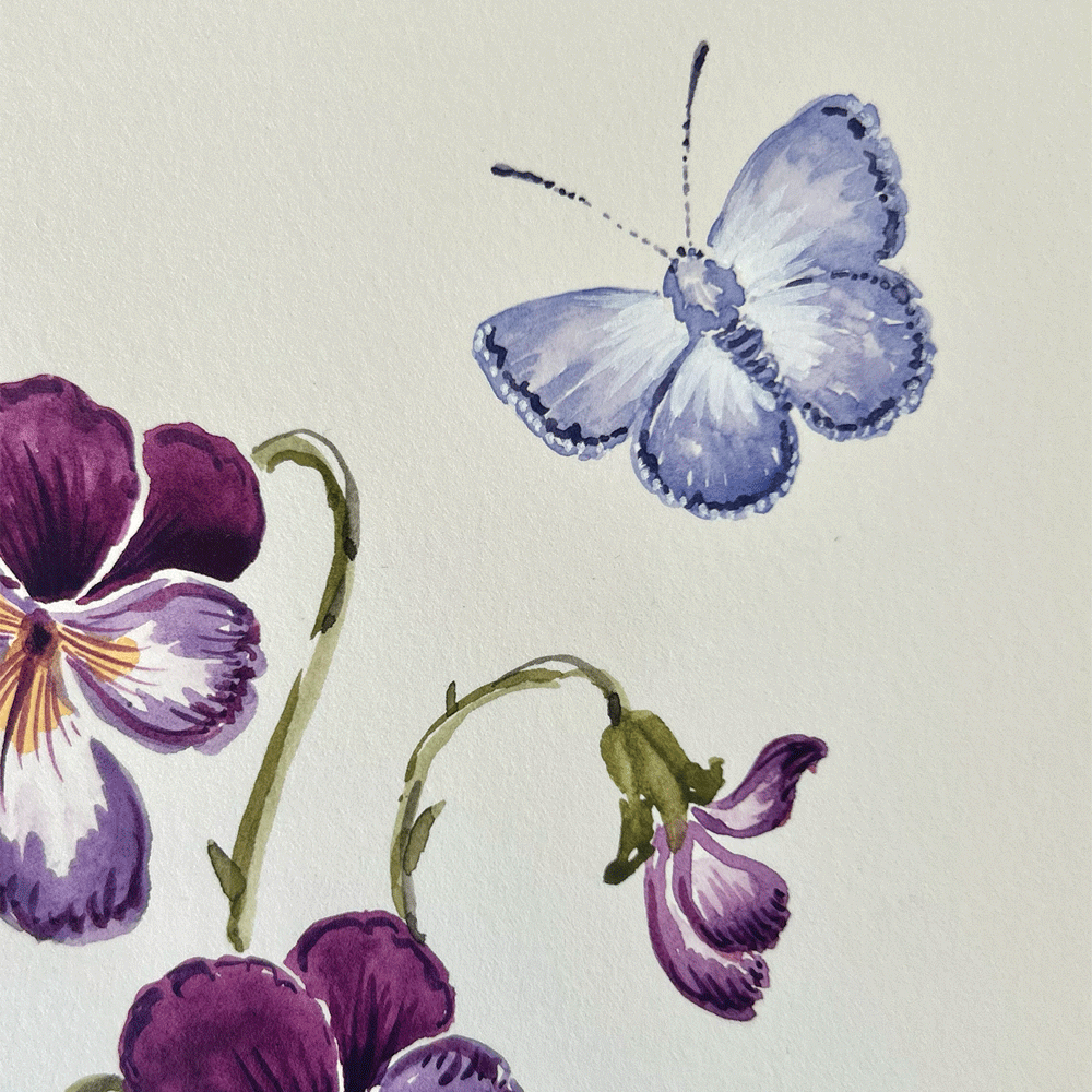 Purple Violets with a Common Blue butterfly - Unframed Original Painting